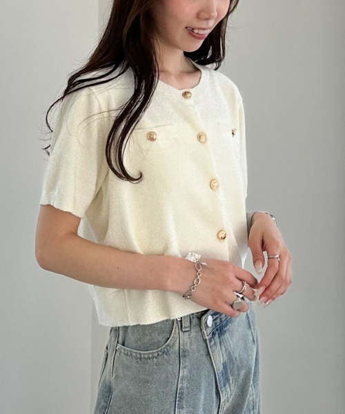 archives（アルシーヴ）の「ハーフスリーブ金ボタンニットカーディガン（カーディガン/ボレロ・レディース・ネイビー/イエロー/チャコールグレー/アイボリー・MEDIUM）」の5枚目の写真