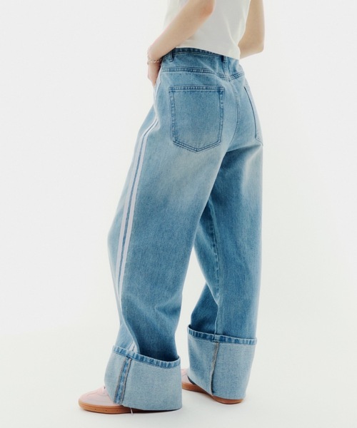 TURNTIDE*日本未入荷 ウォッシュ/サイドライン Wide Leg Denim 折り返しサイドラインデニムパンツ(デニムパンツ)|JUST A