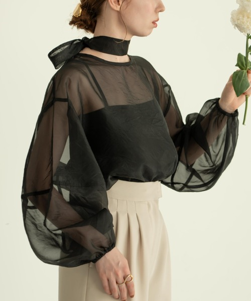 hinari（ヒナリ）の「リボンタイ付きシアーブラウス（シャツ/ブラウス・レディース・ブラック/アイボリー/ピンクベージュ・FREE）」の2枚目の写真