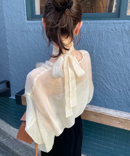 hinari（ヒナリ）の「リボンタイ付きシアーブラウス（シャツ/ブラウス・レディース・ブラック/アイボリー/ピンクベージュ・FREE）」の6枚目の写真