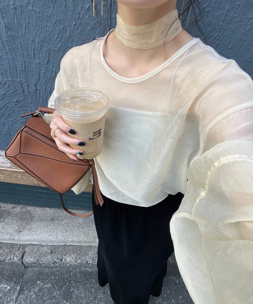 hinari（ヒナリ）の「リボンタイ付きシアーブラウス（シャツ/ブラウス・レディース・ブラック/アイボリー/ピンクベージュ・FREE）」の7枚目の写真