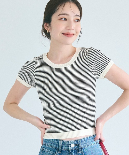 トップス cooco ボーダーコンパクトニットトップス（ニット/セーター）｜coca
