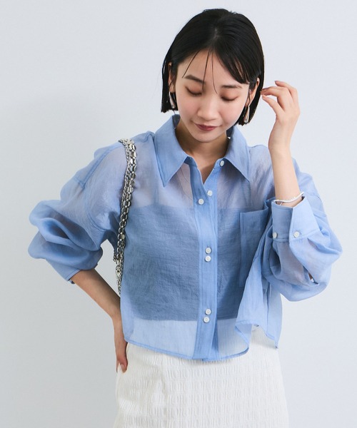 VIS(ビス)の「シアー&チェックショート丈シャツ(シャツ/ブラウス・レディース・ブルー系その他4/ベージュ・FREE)」の6枚目の写真