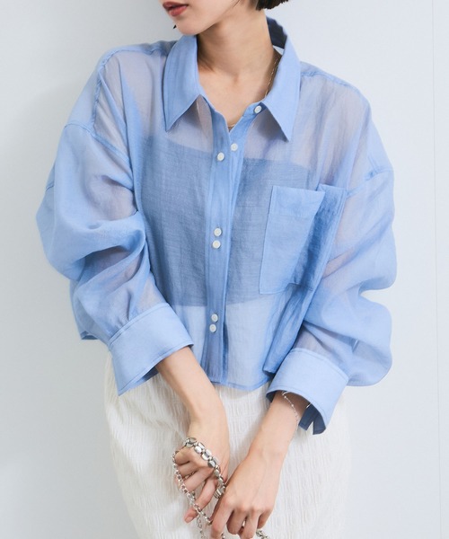 VIS(ビス)の「シアー&チェックショート丈シャツ(シャツ/ブラウス・レディース・ブルー系その他4/ベージュ・FREE)」の8枚目の写真