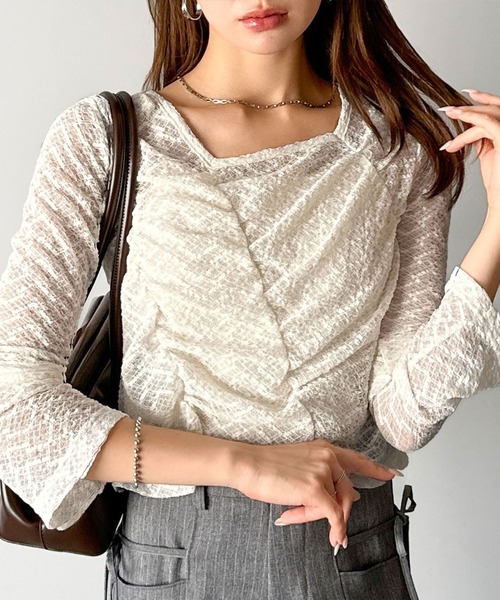 mily bilet（ミウィビレット）の「【mily bilet】トレンドの愛されアイテム。アシメシアーレースギャザープルオーバー（Tシャツ/カットソー・レディース・ブラック/アイボリー/ブラウン・LARGE/MEDIUM/SMALL/X-LARGE）」の2枚目の写真