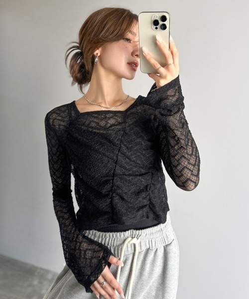 mily bilet（ミウィビレット）の「【mily bilet】トレンドの愛されアイテム。アシメシアーレースギャザープルオーバー（Tシャツ/カットソー・レディース・ブラック/アイボリー/ブラウン・LARGE/MEDIUM/SMALL/X-LARGE）」の6枚目の写真