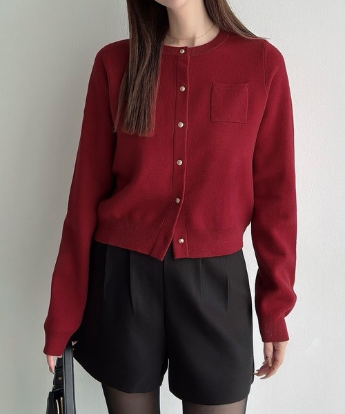 セール】ボタンデザインクルーネックニットカーディガン
