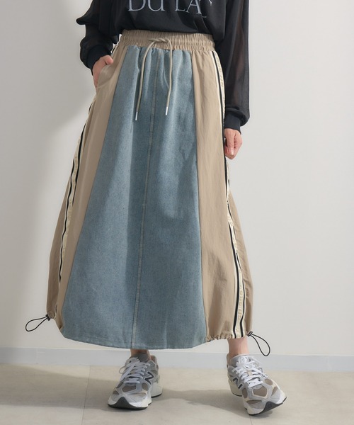 Paradise Picnic（パラダイスピクニック）の「サイドライン異素材切替デニムスカート（デニムスカート・レディース・ベージュ/ブラック・FREE）」の2枚目の写真