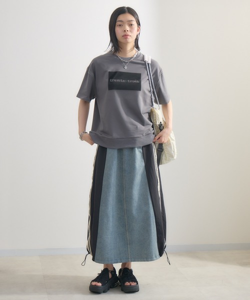 Paradise Picnic（パラダイスピクニック）の「サイドライン異素材切替デニムスカート（デニムスカート・レディース・ベージュ/ブラック・FREE）」の3枚目の写真