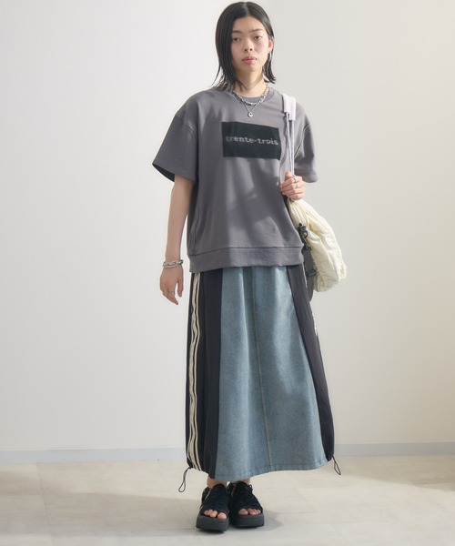 Paradise Picnic（パラダイスピクニック）の「サイドライン異素材切替デニムスカート（デニムスカート・レディース・ベージュ/ブラック・FREE）」の4枚目の写真