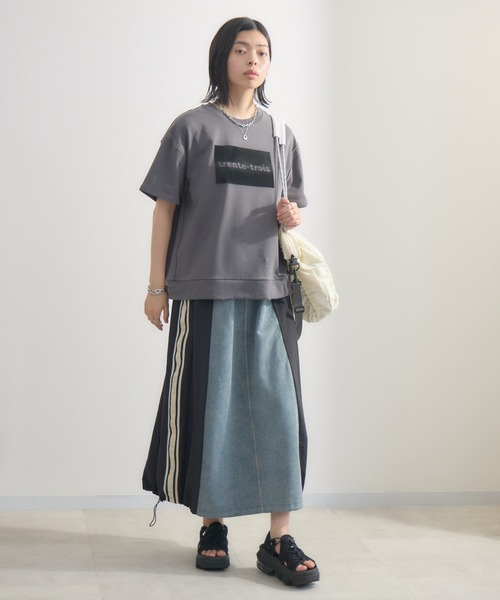 Paradise Picnic（パラダイスピクニック）の「サイドライン異素材切替デニムスカート（デニムスカート・レディース・ベージュ/ブラック・FREE）」の5枚目の写真