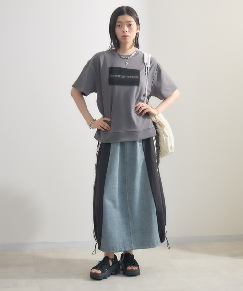 Paradise Picnic（パラダイスピクニック）の「サイドライン異素材切替デニムスカート（デニムスカート・レディース・ベージュ/ブラック・FREE）」の6枚目の写真