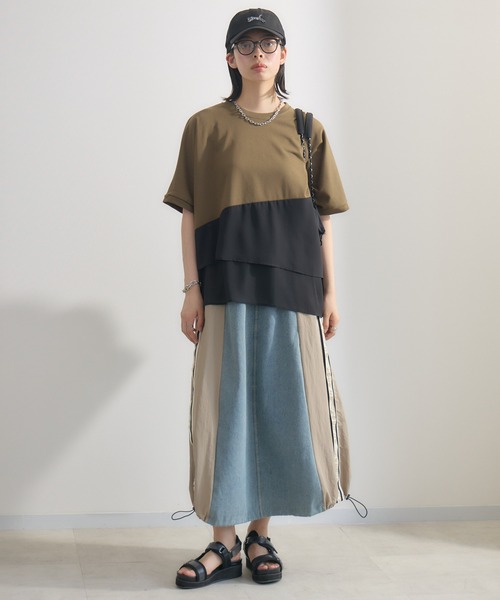 Paradise Picnic（パラダイスピクニック）の「サイドライン異素材切替デニムスカート（デニムスカート・レディース・ベージュ/ブラック・FREE）」の14枚目の写真