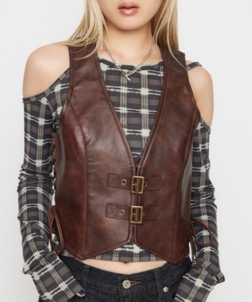 LAGUA GEM（ラグアジェム）の「FAUX LEATHER LACE UP ベスト（ベスト・レディース・ブラック/ブラウン・FREE）」の2枚目の写真
