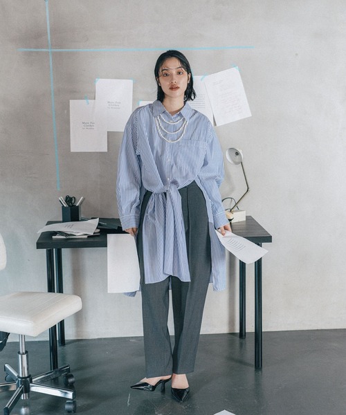 LEPSIM（レプシィム）の「《オフィスライン》ロングスリットシャツワンピース　582133（シャツワンピース・レディース・オフホワイト/ブルー/ストライプ・FREE）」の7枚目の写真