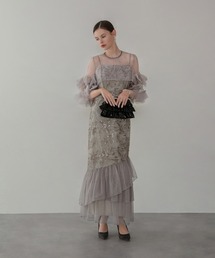 【LEJA】フラワースパンコールチュールフリルスリーブIラインワンピースドレス2点セット 美脚効果結婚式 パーティードレス 成人式 二次会 同窓会 お呼ばれ オケージョン 20代 30代