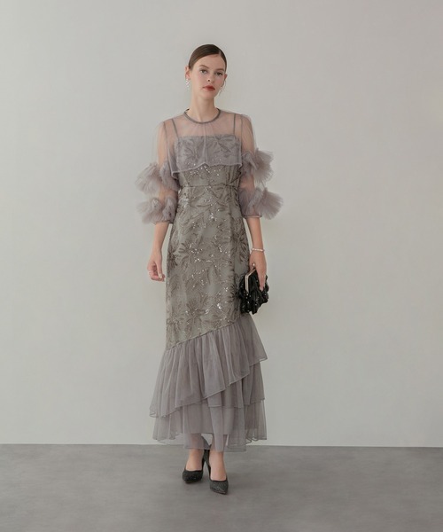 LEJA】フラワースパンコールチュールフリルスリーブIラインワンピース