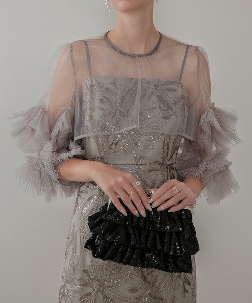 【LEJA】フラワースパンコールチュールフリルIラインドレスワンピース2点セット セール】【LEJA】フラワースパンコールチュールフリルIライン