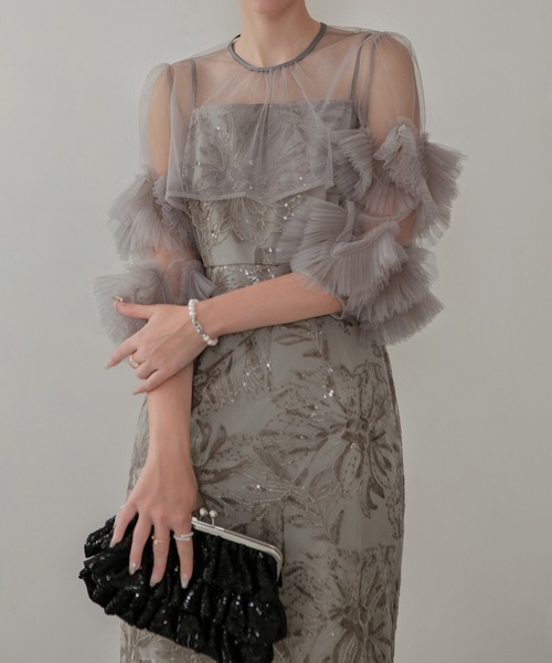 LEJA】フラワースパンコールチュールフリルスリーブIラインワンピース