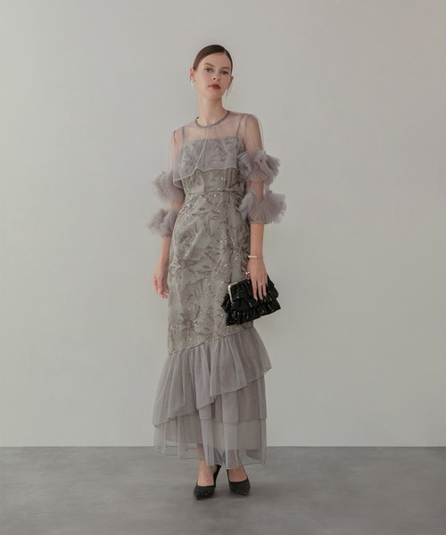 LEJA】フラワースパンコールチュールフリルスリーブIラインワンピース