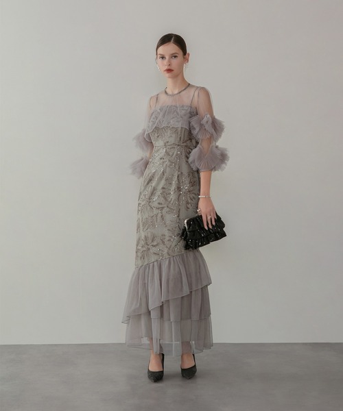 LEJA】フラワースパンコールチュールフリルスリーブIラインワンピース