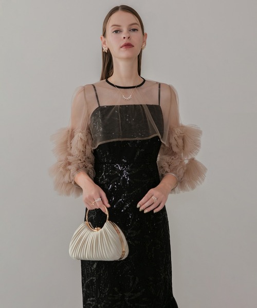 LEJA】フラワースパンコールチュールフリルスリーブIラインワンピース