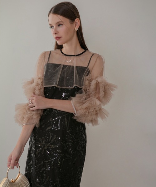 【Leja】フラワースパンコールチュールフリルスリーブIラインワンピースドレス Leja ドレス 「LEJA」フラワースパンコールチュールフリルスリーブI