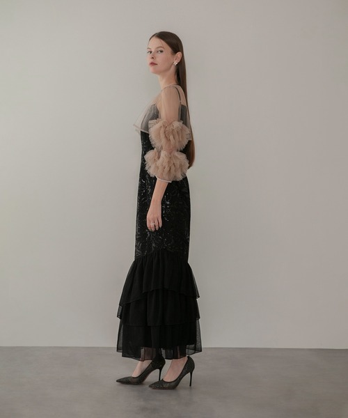 【Leja】フラワースパンコールチュールフリルスリーブIラインワンピースドレス LEJA】フラワースパンコールチュールフリルスリーブIラインワンピース