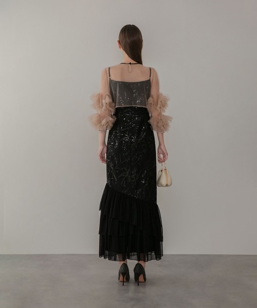 LEJA】フラワースパンコールチュールフリルスリーブIライン