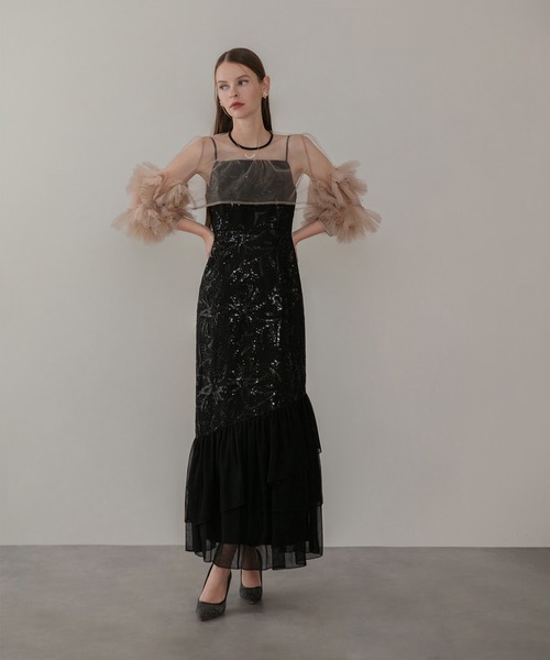 LEJA】フラワースパンコールチュールフリルスリーブIラインワンピース