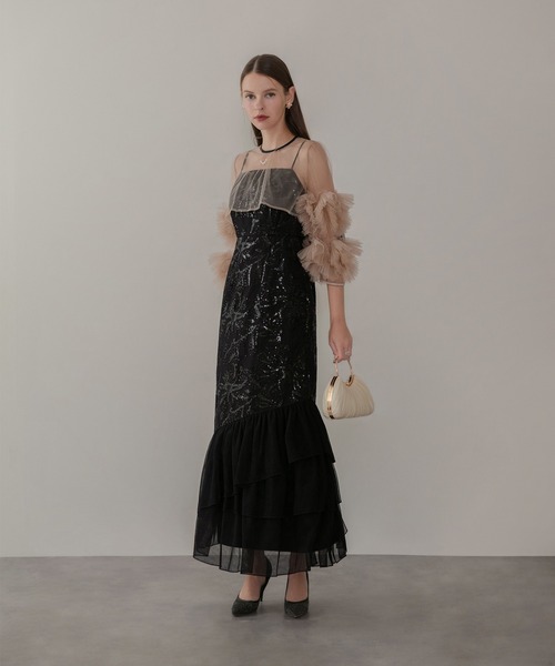 LEJA】フラワースパンコールチュールフリルスリーブIラインワンピース