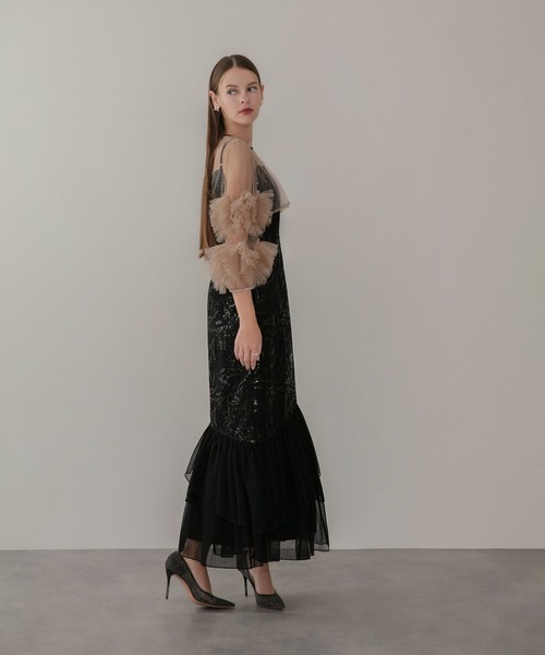 LEJA】フラワースパンコールチュールフリルスリーブIラインワンピース