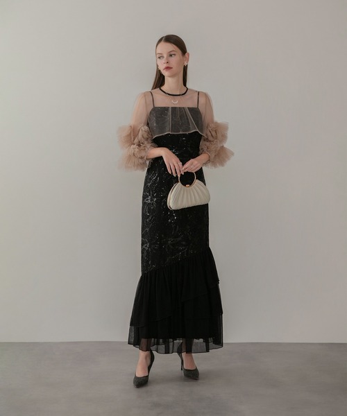 Leja_チュールフリルリボンボレロスパンコール花柄刺繍ベアトップドレス LEJA】フラワースパンコールチュールフリルスリーブIライン