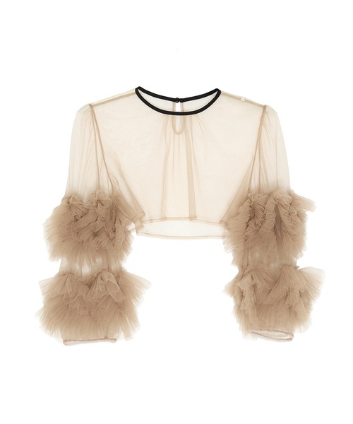 LEJA】フラワースパンコールチュールフリルスリーブIラインワンピース