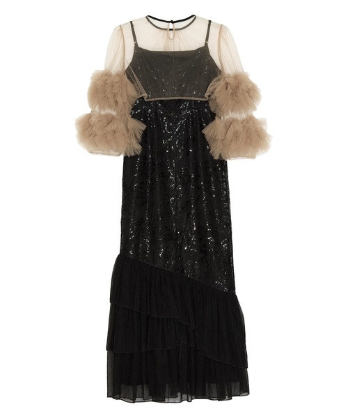 【Leja】フラワースパンコールチュールフリルスリーブIラインワンピースドレス Leja ドレス 「LEJA」フリルチュールスリーブリボンIラインワンピース