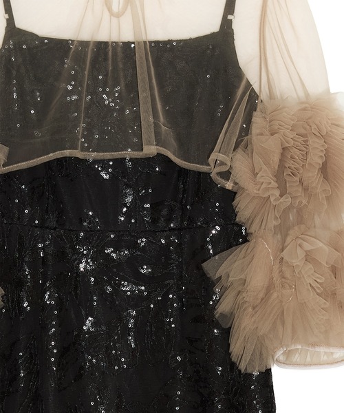 LEJA】フラワースパンコールチュールフリルスリーブIラインワンピース