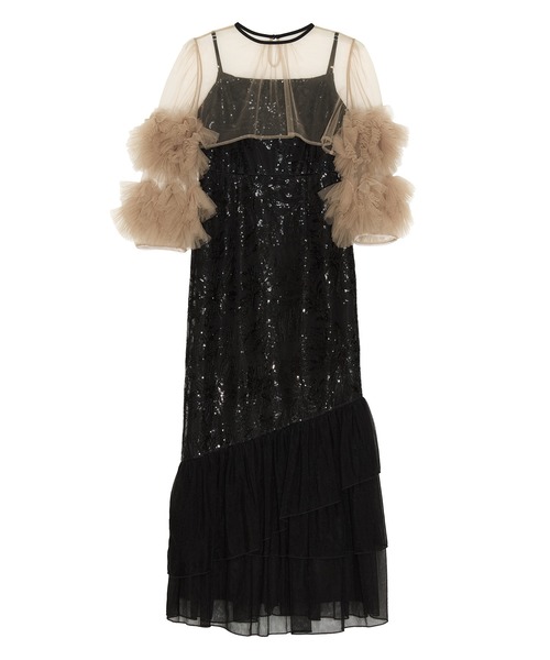 LEJA】フラワースパンコールチュールフリルスリーブIラインワンピース