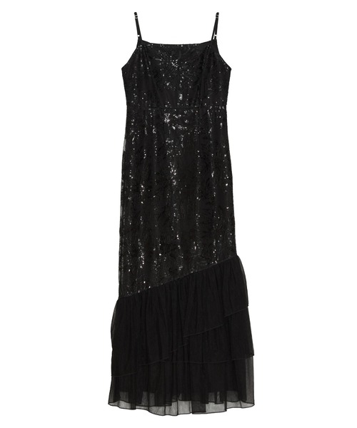 LEJA】フラワースパンコールチュールフリルスリーブIラインワンピース