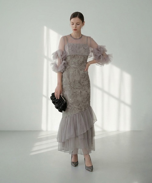 セール】【LEJA】フラワースパンコールチュールフリルスリーブIライン