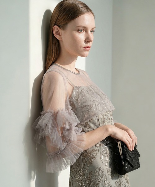 フラワースパンコールチュールフリルスリーブIラインワンピースドレス 一部当日発送】フラワースパンコールチュールフリルスリーブIライン