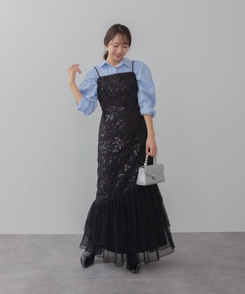 【Leja】フラワースパンコールチュールフリルスリーブIラインワンピースドレス 一部当日発送】フラワースパンコールチュールフリルスリーブIライン