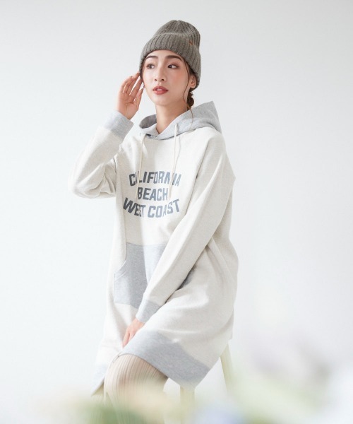 Ocean Pacific（オーシャンパシフィック）の「【OP / オーピー】レディースパーカーワンピース/裏毛カレッジロゴドローコード付きスウェットワンピ（ワンピース・レディース・ベージュ/杢グレー/ネイビー・LARGE/MEDIUM）」の5枚目の写真