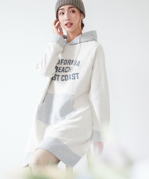 Ocean Pacific（オーシャンパシフィック）の「【OP / オーピー】レディースパーカーワンピース/裏毛カレッジロゴドローコード付きスウェットワンピ（ワンピース・レディース・ベージュ/杢グレー/ネイビー・LARGE/MEDIUM）」の6枚目の写真