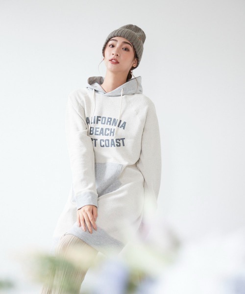 Ocean Pacific（オーシャンパシフィック）の「【OP / オーピー】レディースパーカーワンピース/裏毛カレッジロゴドローコード付きスウェットワンピ（ワンピース・レディース・ベージュ/杢グレー/ネイビー・LARGE/MEDIUM）」の7枚目の写真