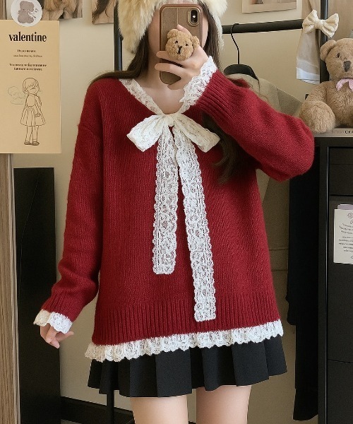 Mejoul（メジュール）の「【25年秋冬新作】レースリボンルーズシルエットＶネックプルオーバーニット　異素材ドッキング（ニット/セーター・レディース・グレー/アイボリー/ブラック/ピンク/ネイビー/レッド・F）」の6枚目の写真