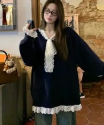 Mejoul | レースリボンルーズシルエットＶネックプルオーバーニット　異素材ドッキング(ニット/セーター)