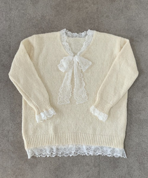 Mejoul（メジュール）の「【25年秋冬新作】レースリボンルーズシルエットＶネックプルオーバーニット　異素材ドッキング（ニット/セーター・レディース・グレー/アイボリー/ブラック/ピンク/ネイビー/レッド・F）」の19枚目の写真