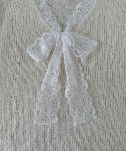 Mejoul（メジュール）の「【25年秋冬新作】レースリボンルーズシルエットＶネックプルオーバーニット　異素材ドッキング（ニット/セーター・レディース・グレー/アイボリー/ブラック/ピンク/ネイビー/レッド・F）」の22枚目の写真