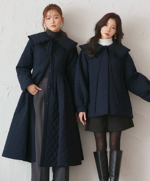 RUIRUE BOUTIQUE(ルイルエブティック)の「襟付き フレア 中綿 キルティングコート | アウター / コート / ロングコート / ノーカラーコート / エコダウン / ビッグカラーコート(その他アウター・レディース・ブラック/ネイビー・L/M)」の3枚目の写真