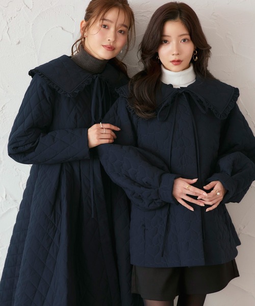 RUIRUE BOUTIQUE(ルイルエブティック)の「襟付き フレア 中綿 キルティングコート | アウター / コート / ロングコート / ノーカラーコート / エコダウン / ビッグカラーコート(その他アウター・レディース・ブラック/ネイビー・L/M)」の4枚目の写真